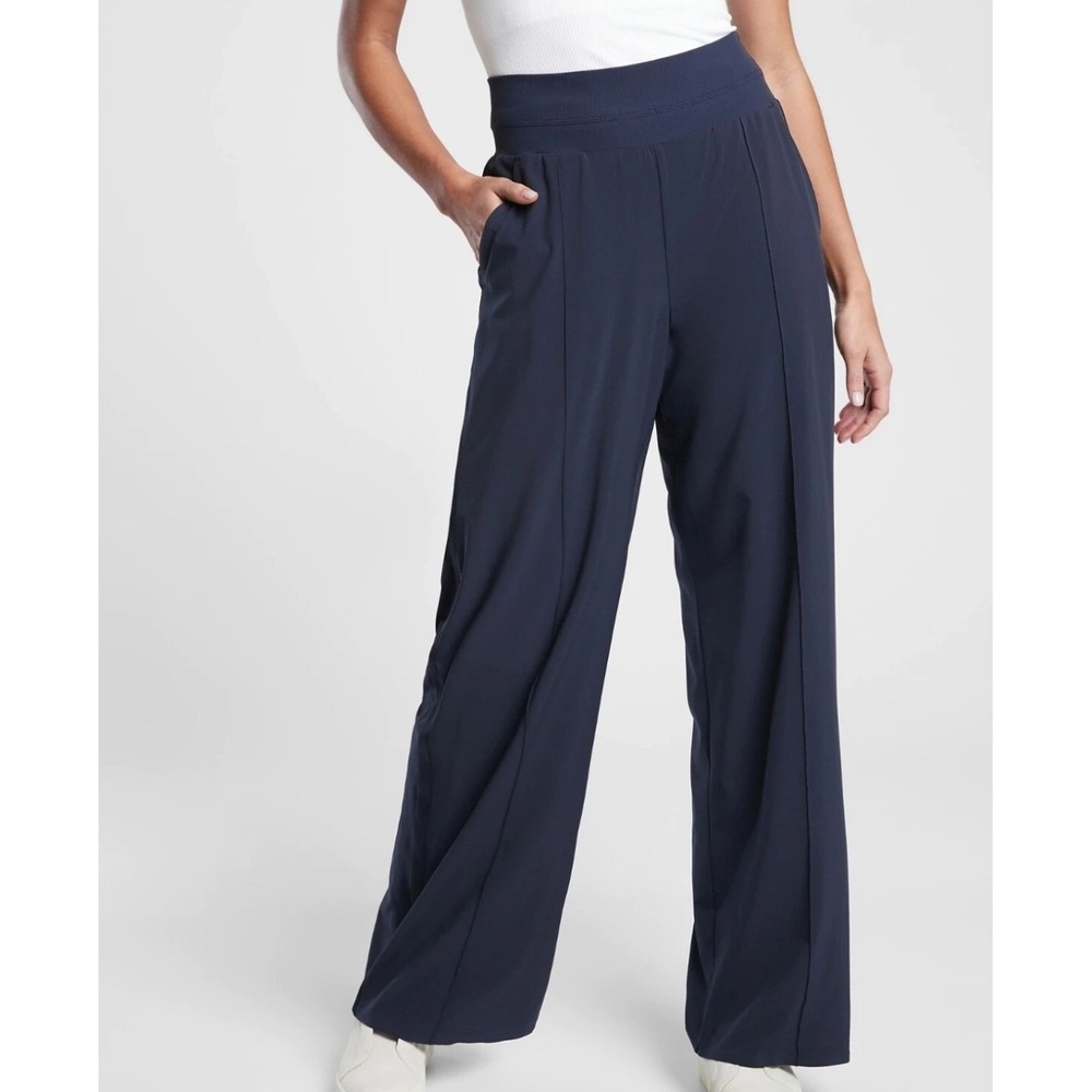 Athleta Nolita Wide Leg Pants Navy Blue High Rise Pintuck Trouser Size 10‎ NWOT